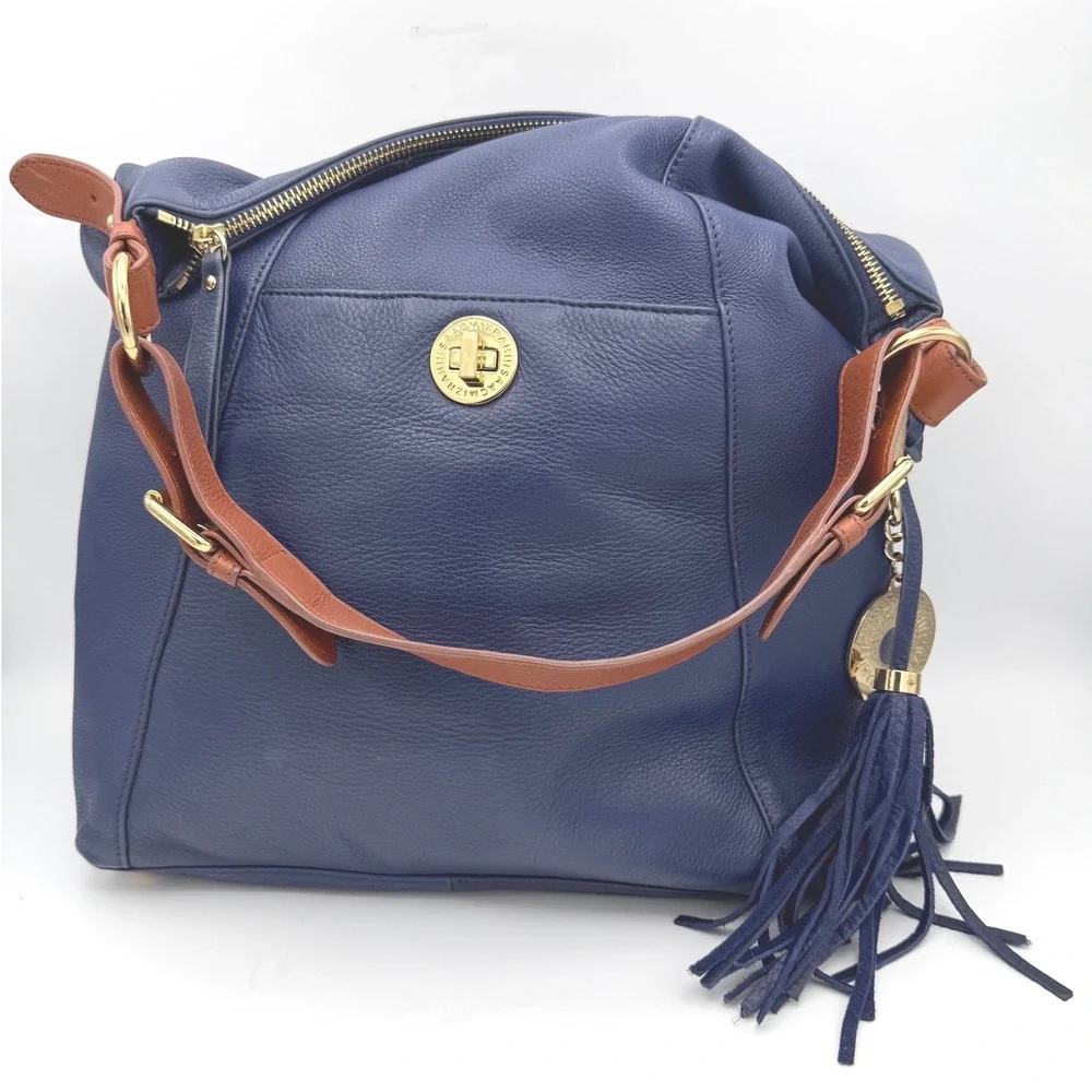 Isaac Mizrahi Hobo Bag Womens Navy Blue Pebbled Leather Tassel Gold Hardware